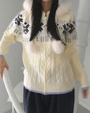 Leku Snowflake Nordic Cable Bell Fur Knit Zip-up