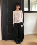 Dokken Lettering See-through Off-shoulder Long Sleeve T-shirt