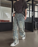 Clay Mud Washed Damaged Wide Denim
