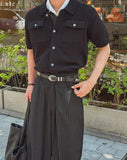 Leviron Two-Pocket Cut-out Collar Short-Sleeve Cardigan