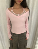 Matan Stripe Halter V-neck Long Sleeve T-shirt Set