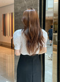 Bullet-Dot Wrinkle Jacquard Puff Sleeve Tee-Blouse