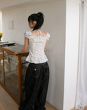 Badu Flower Strap Puff Short Sleeve Blouse
