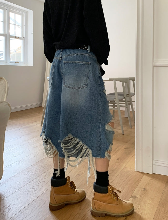 【U LAN】Chif Vintage Damage Bermuda Denim Pants U LAN (ユーラン) - チーフビンテージダメージバミューダデニム