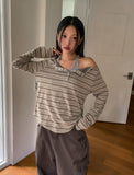 Dien Button Stripe Boat Neck Long Sleeve