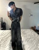 [Muscle Fit] Western Denim Linen Shirt
