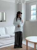 Haron Side Ribbon Strap Pintuck Long Wide Slacks