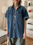 Ruff unbalanced pocket denim short sleeve shirt