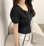 Summer Lace Pattern Puff Short Sleeve Ribbon Blouse