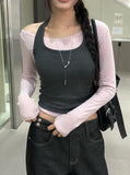 Levan Color Matching Halter Sleeveless Cut Long Sleeve T-shirt Set
