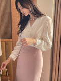 Laview Chiffon Color Matching Shirring Blouse
