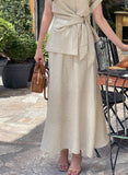 [Two Piece] Duere Linen Wrap Collar Shirt Long Skirt