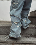 Folding pocket curved damage denim pants