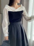 Tello Color Matching Knit Off-shoulder Shirt Blouse