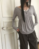 Hoshiv Button Shirring Layered Long Sleeve T-Shirt