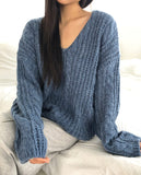 Dame Cable V-neck Loose Fit Long Sleeve Long Knit