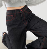 Raw Unique Red Stitch Heart Point Embroidery Wide Denim Pants