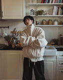 Balloon fit ribbed fleece zip-up