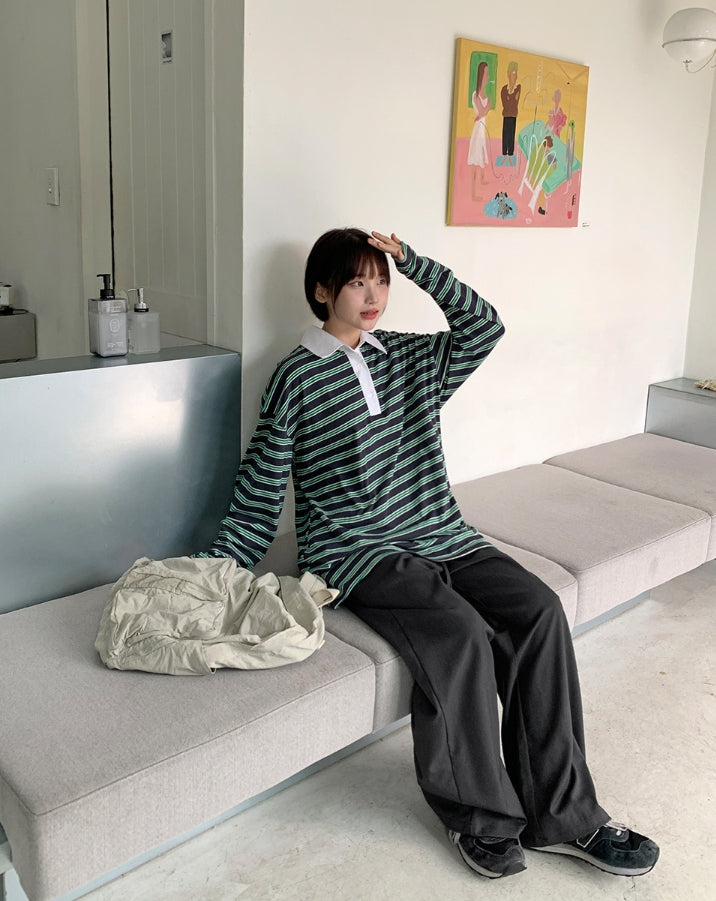 【BAON】Moruku Stripe Collar Over Long Sleeve Tee BAON (バオン) - モルクストライプカラーオーバー長袖Tシャツ
