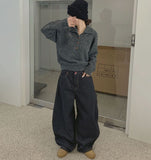 Heart Back Pocket Raw Non-fade Carpenter Balloon Wide Denim Pants