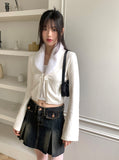 Kimme Collar Fur Ribbon String Long Sleeve Cardigan