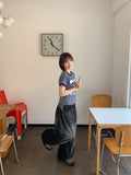 [unisex] Balon Lettering Washing Denim Black Blue Balloon Wide Pants