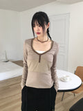 Jenky vintage button ribbed slim V-neck T-shirt