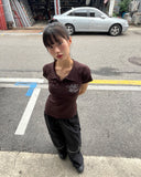 Hamyu Eyelet Rivet Printed Collar Short Sleeve T-Shirt