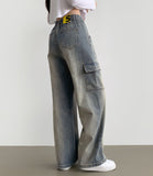 Cargo Pocket Washing Cut Line Wide Fit Denim Pants