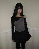 [Fake Layered] Linshu Studded Color Matching Brushed Long-Sleeve T-Shirt