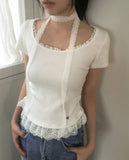 [Muffler set] Kabel lace frill pendant short sleeve t-shirt