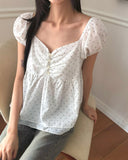 Luna Dot Shirring Puff Short Sleeve Blouse