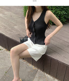 Knit Button Ribbed V-neck Sleeveless