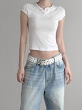 Lien Eyelet Henley Neck Open Crop Top