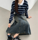 Simple Casual A-line 4-season Curved Line Denim Long Skirt