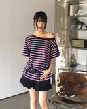 Mats Stripe One Off Shoulder Overfit Short Sleeve T-Shirt