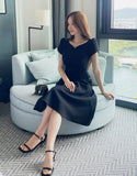 Sebit Heart-Neck Tulip Tweed Flared Long One Piece