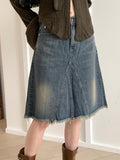 Barmmet Vintage Washing Slit Half-Length Midi Denim Skirt