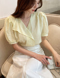 Maelle V-neck Unbalance Collar Three Quarter Blouse