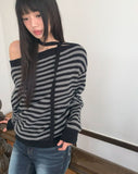 [Muffler SET] Ked Stripe Off-Shoulder Long-Sleeve Knit