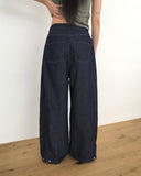 Dad side pin tuck snap button wide long denim pants