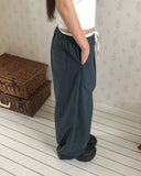 Kaea check color matching frill banding wide pants