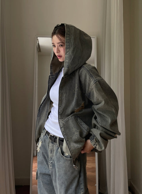 【U LAN】Damage Two Way Denim Hooded Jacket Damage Two Way Denim Hooded Jacket - ULAN | 60% - Asian