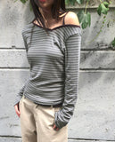 Two-fit Stripe Unbalanced Strap Long Sleeve T-Shirt