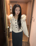 Demi fur slim button wool hooded knit