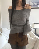 Chimo V-Neck Off-Shoulder Slim Fit Cable Knit