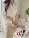 [Tie set] Repodi Satin Wrapped Shirred Blouse