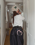 Heart pink stitch indigo denim pants