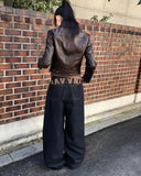 Dunen Collar Zipper Pocket Biker Washing Leather Jacket