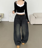 Folding Pin Tuck Hem Snap Balloon Fit Wide Fit Banding Denim Pants